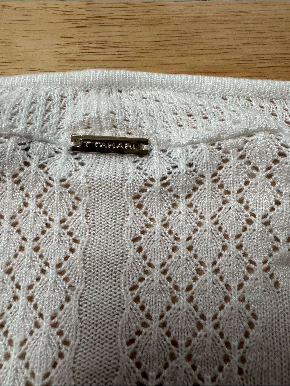 T Tahari White Pointelle Open Front Draped Waterfall Cardigan Knit Sweater L - Picture 8 of 12